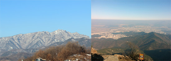 (왼쪽 사진) 경북 구미 금오산 전경 (오른쪽 사진) 금오산 정상 턱밑 절벽 위에서 내려다 본 구미시 전경. 사진 하단 가운데의 표지판에는 '위험'이 쓰여 있다. 