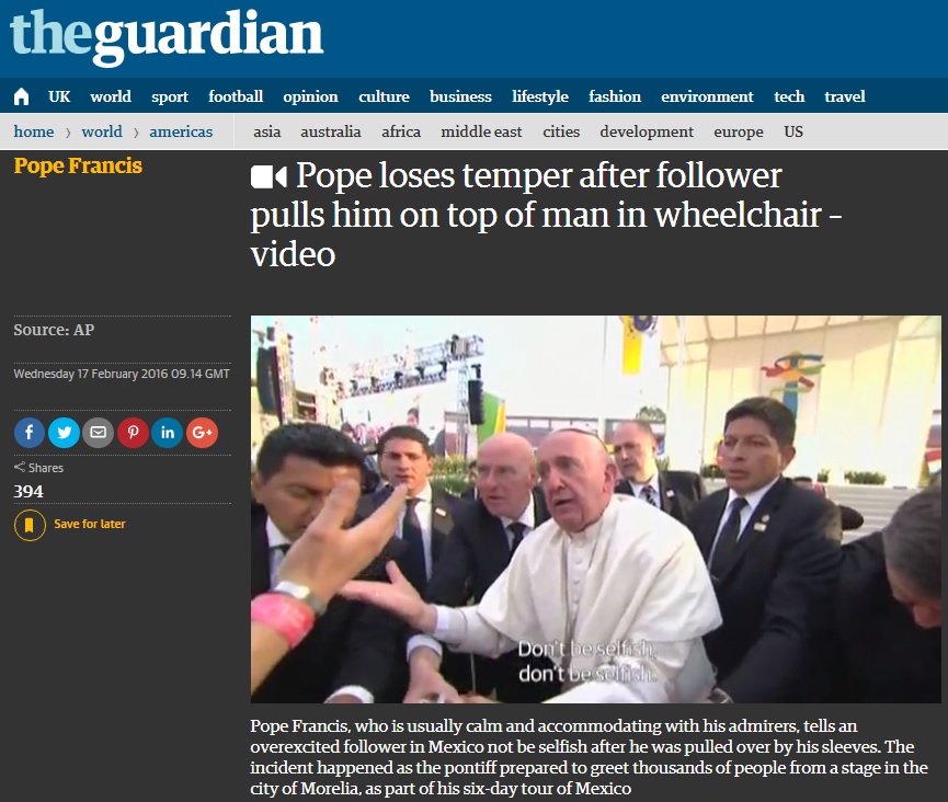 프란치스코 교황이 화내는 동영상을 소개하는 <가디언> 갈무리.