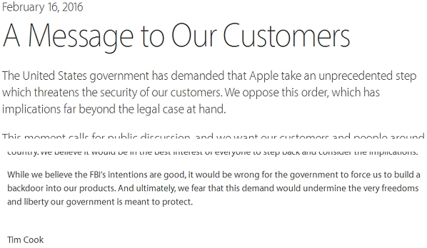 애플 공식 홈페이지의 Customer Letter 갈무리