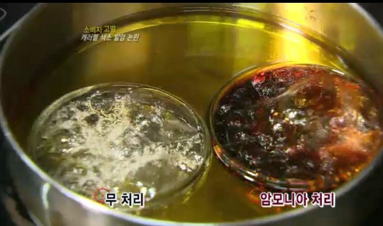2012년 8월에 방영된 KBS1의 <소비자고발> 화면 캡처. 당밀만 끓여 만드는 캐러멜(왼쪽)과 암모니아 처리를 한 캐러멜색소 비교.