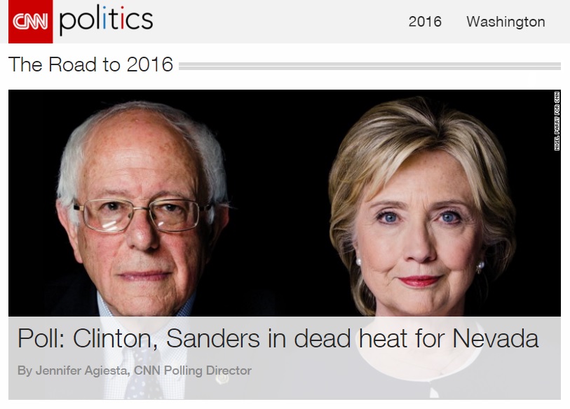 힐러리 클린턴과 버니 샌더스의 민주당 네바다 코커스 여론조사 결과를 보도하는 CNN 뉴스 갈무리.