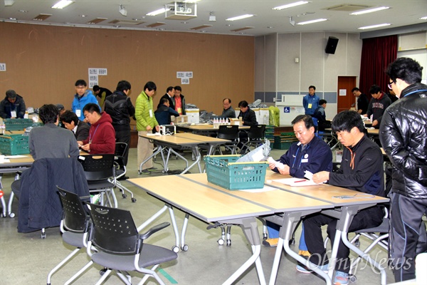  민주노총 경남본부 공직선거후보발굴위원회는 손석형-노회찬 후보를 두고 '창원성산 총선 후보'를 뽑기 위한 창원지역 사업장 조합원 총투표를 실시하고, 20일 오전 대강당에서 개표작업에 들어갔다.