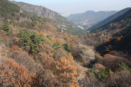  도선굴에서 내려다 본 정면 풍경. 아래 작은 집이 대혈사의 후신인 해운사이다. 1592년, 김종무의 가족들은 상주 싸움터로 간 그가 무사히 돌아오기만 기다리며 도선굴에서 줄곧 이 풍경을 바라보고 있었을 것이다. 그러나 그는 상주 북천변에서 죽었다.