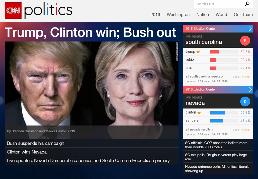 미국 대선 3차 경선의 힐러리 클린턴과 도널드 트럼프 승리를 보도하는 CNN 뉴스 갈무리.
