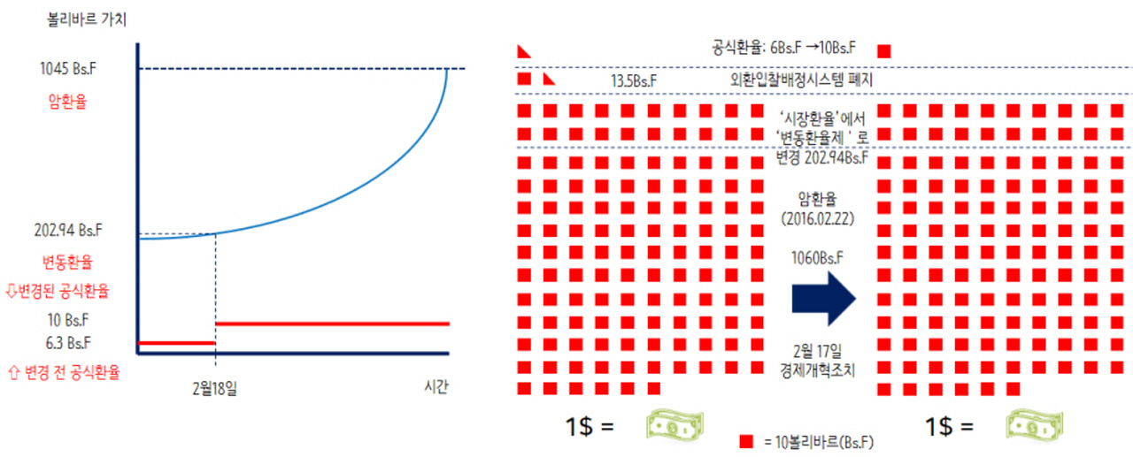 그래프를 통해 본 변경된 베네수엘라 환율체계  왼쪽 그래프는 새로도입된 변동환율제가 궁극적으로 암환율, 즉 시장가치에 근접할 경우를 가정하고 만들어졌다. 생필품, 의약품 등 기본재화에 적용되는 공식환율(CENCOEX)와 변동환율 사이의 간격이 점점 벌어질 수록 볼리바르를 받는 베네수엘라 국민들의 실질구매력은 비약적으로 감소하게 된다. 
오른쪽 그림의 경우 환율체계 변경 전과 변경 후의 1달러 당 공식환율로 볼리바르의 가치, 변동환율제로 볼리바르의 가치 그리고 암환율로 볼리바르의 가치를 그래프로 분명하게 보여준다.