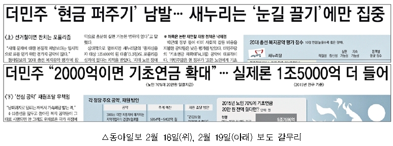 <동아일보> 2월 18일(위), 2월 19일(아래) 보도 갈무리