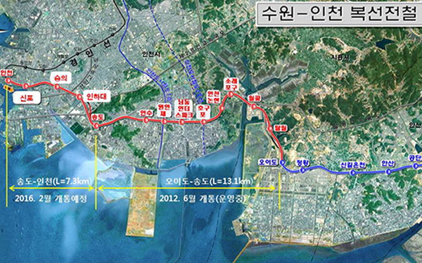 수인선 인천역-안산역 구간 노선도. 수인선은 향후 시흥시 월곶역에서 인천-강릉 준고속철도와 연결되고, 화성시 어천역에서 경부선 KTX와 연결된다.  