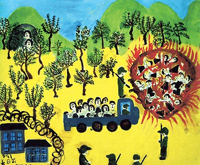  일본군 위안부 피해자인 강일출 할머니가 그린 그림 '태워지는 처녀들'. 영화 <귀향>의 모티브가 된 작품이다.