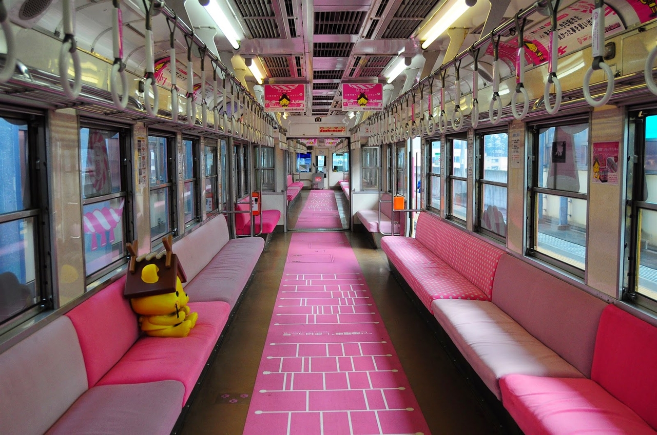  고엔열차 내부. 카펫엔 사다리가 그려져 있고 의자엔 시마네현의 마스코트인 시마넷코 인형이 앉아있다.