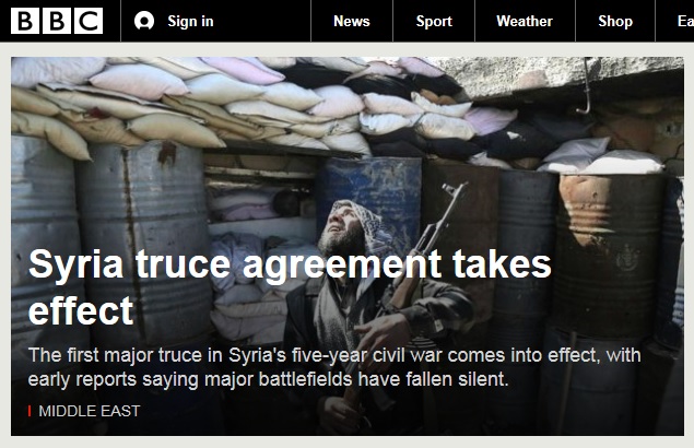 시리아 휴전 시작을 보도하는 BBC 뉴스 갈무리.