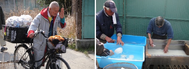            쌀뜨물로 그릇을 씻는 모습입니다. 노숙자 가운데 늘 적극적으로 밥을 짓는 일이나 설거지를 돕는 분들도 있습니다. 오른쪽 사진은 자전거를 끌고 밥을 먹기 위해서 찾아오는 모습입니다.
