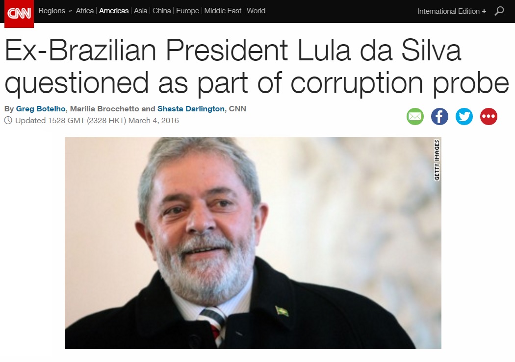 루이스 이나시우 룰라 다 시우바 전 브라질 대통령의 경찰 체포를 보도하는 CNN 뉴스 갈무리.