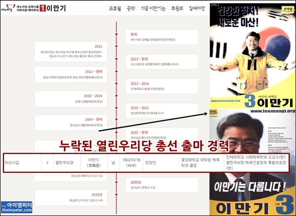 이만기 새누리당 김해시을 예비후보 공식사이트에 누락된 17대 총선 열린우리당 출마 경력