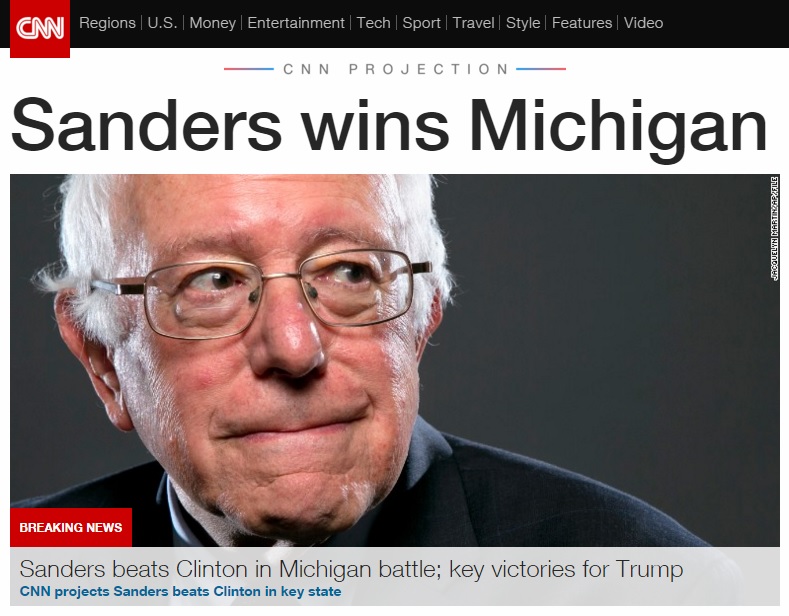 버니 샌더스 상원의원의 미시간 주 민주당 경선 승리를 전하는 CNN 뉴스 갈무리.