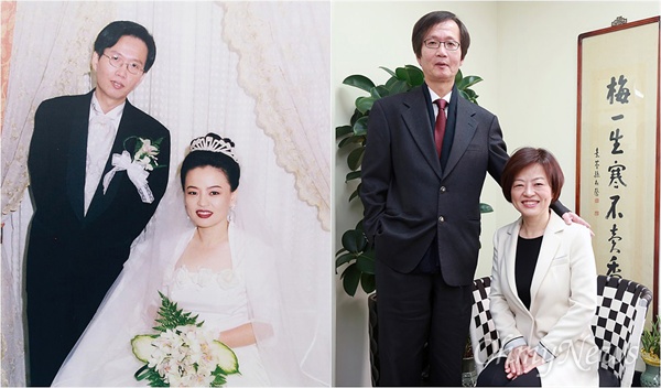 진선미 의원과 남편 이상문씨에게 19년 전 결혼식 때 찍은 사진(왼쪽)처럼 한 번 포즈를 취해달라고 요청하자 밝게 웃으며 흔쾌히 응해줬다.
