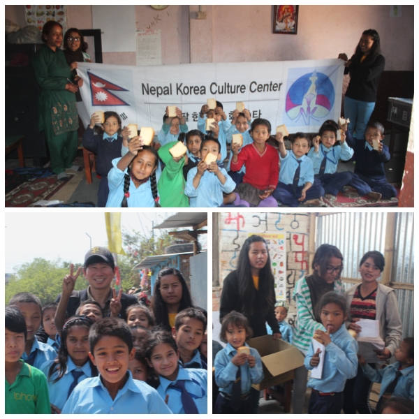 네팔한국문화센터 새로운 구성원이 된 시타 루발리(Sita Ruwali)와 서르밀라 타망(Sarmilra Tamang)과 함께 하천 주변 빈민가 학교에 빵을 배달했다.