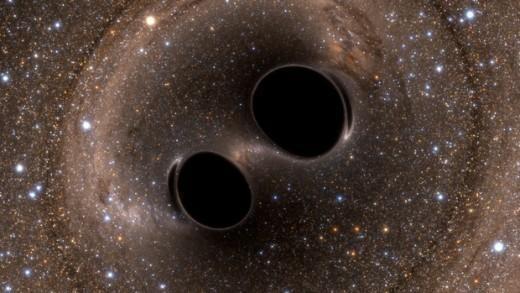 태양보다 훨씬 큰 두 개의 블랙홀은 서로를 바라보며 자전하면서, 어마어마한 크기의 중력파를 내보내고 있다. 