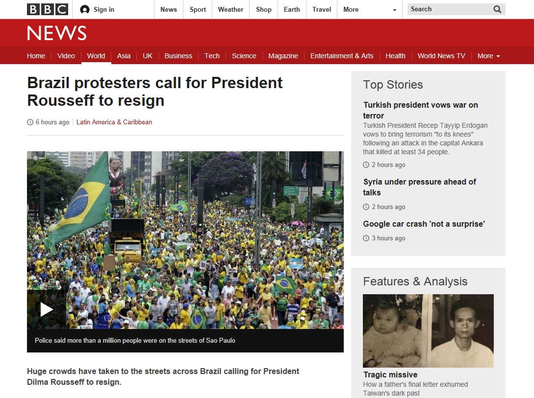 브라질에서 벌어진 대규모 반정부 시위를 보도하는 BBC 뉴스 갈무리.