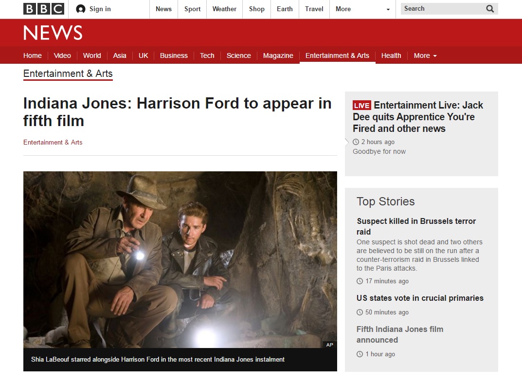  월트 디즈니의 '인디아나 존스 5' 제작 발표를 보도하는 BBC 뉴스 갈무리.