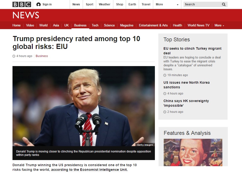 도널드 트럼프의 '세계 경제 위협 10대 요인 선정'을 보도하는 BBC 뉴스 갈무리.