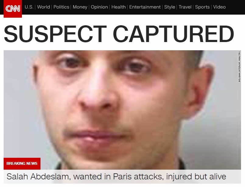 파리 테러 주범 살라 압데슬람 체포를 긴급 보도하는 CNN 뉴스 갈무리.