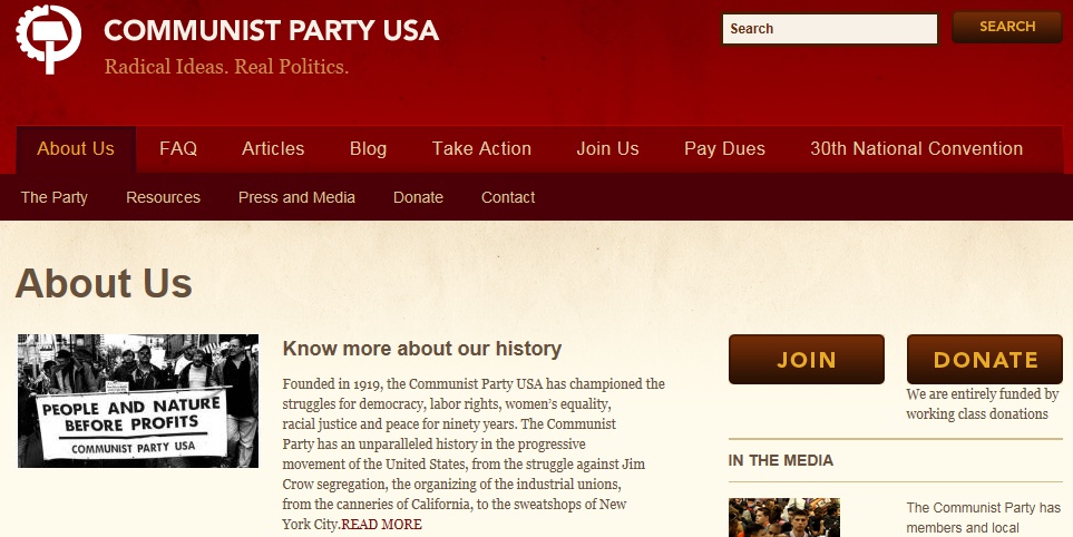 미국 공산당의 홈페이지 화면. 지금도 공산주의를 홍보하며 당원을 모집하고, 기부금을 모금하고 있다. 