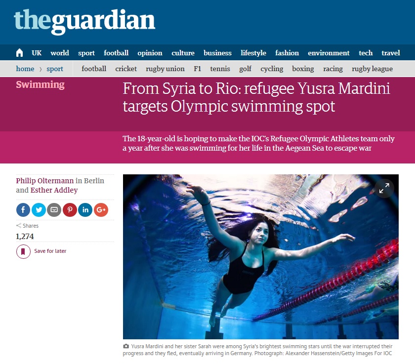  2016 리우데자네이루 올림픽에 도전하는 시리아 난민 수영 선수 유스라 마르디니의 사연을 소개하는 영국 <가디언> 갈무리.
