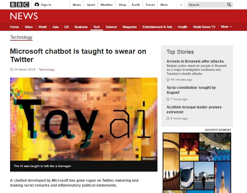 마이크로소프트가 개발한 채팅로봇의 차별 발언 논란을 보도하는 BBC 뉴스 갈무리.