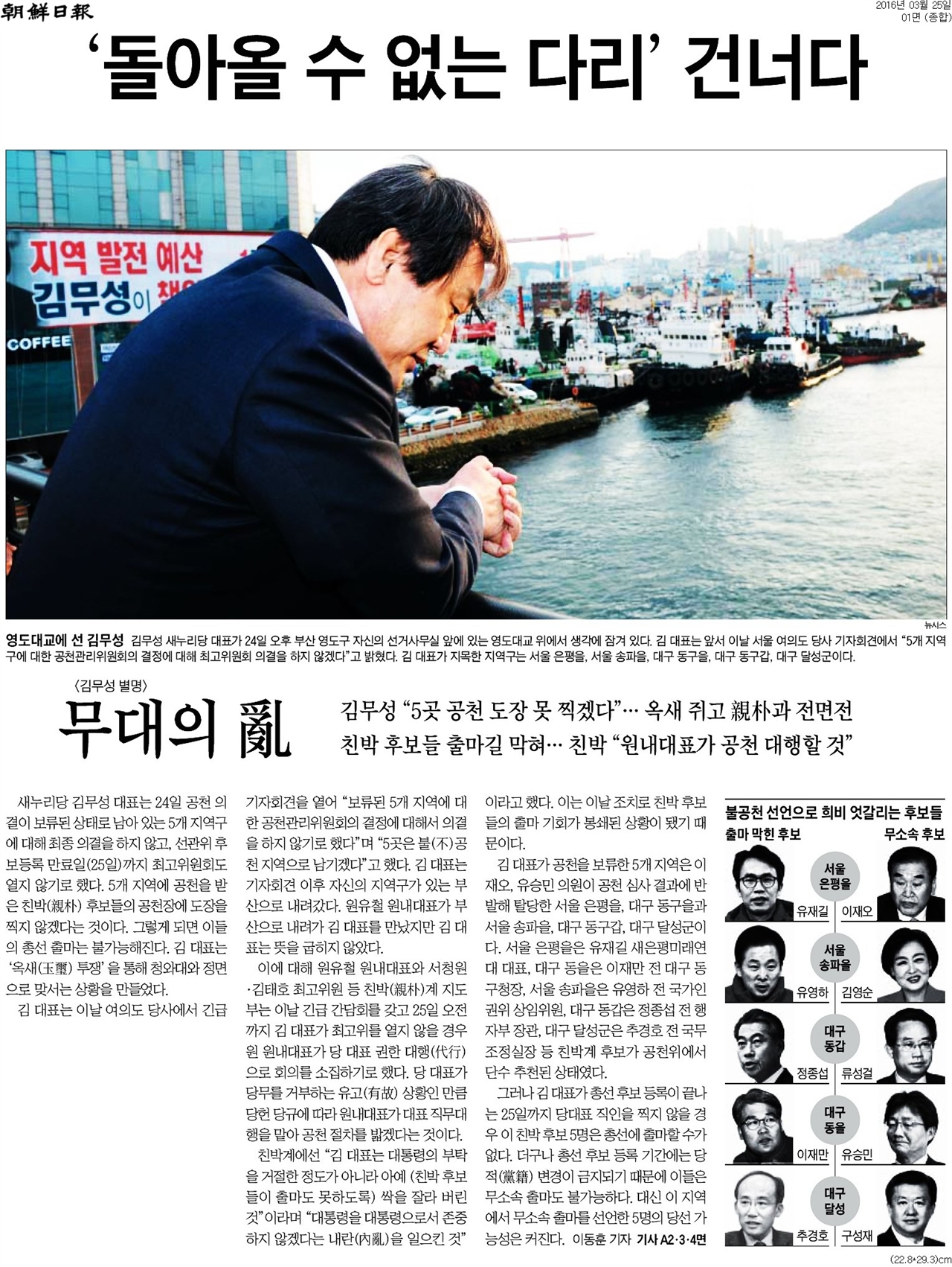 새누리당 김무성 대표의 '영도다리 고뇌'를 전한 <조선일보> 보도 갈무리