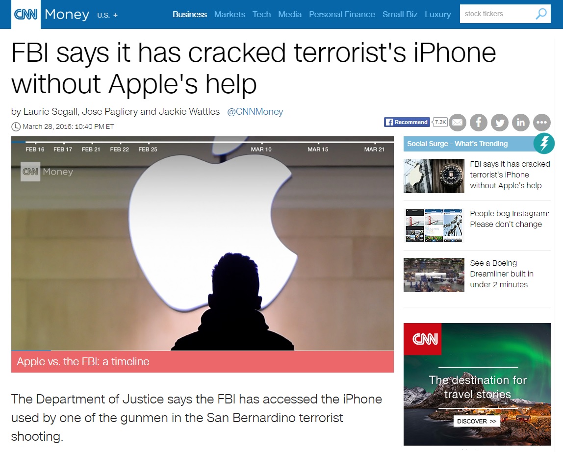 미국 연방수사국(FBI)의 아이폰 보안 해제 성공을 보도하는 CNN 뉴스 갈무리.