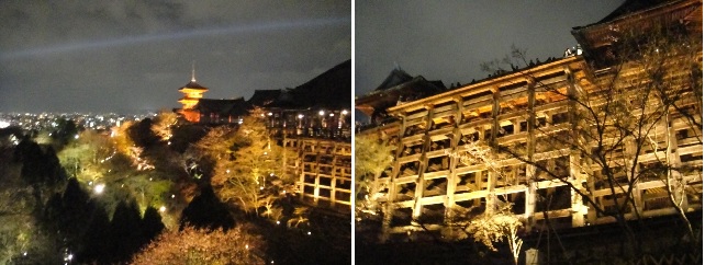             야간조명으로 불을 밝힌 기요미즈데라 절과 본당 아래 무대식 건물의 지지대입니다.