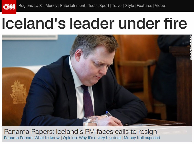 재산 은닉과 탈세 혐의로 시그뮌뒤르 다비드 귄뢰이그손 아이슬란드 총리의 사임 위기를 보도하는 CNN 뉴스 갈무리