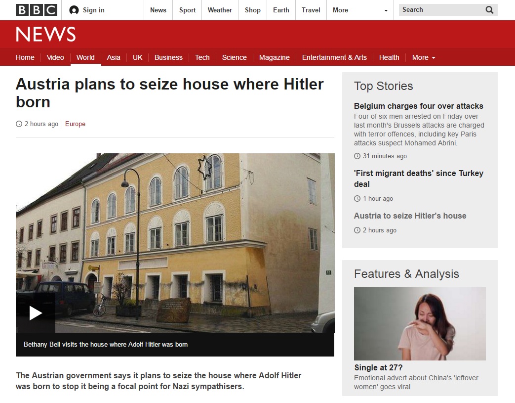 오스트리아 정부의 히틀러 생가 강제 압류 계획을 보도하는 BBC 뉴스 갈무리.