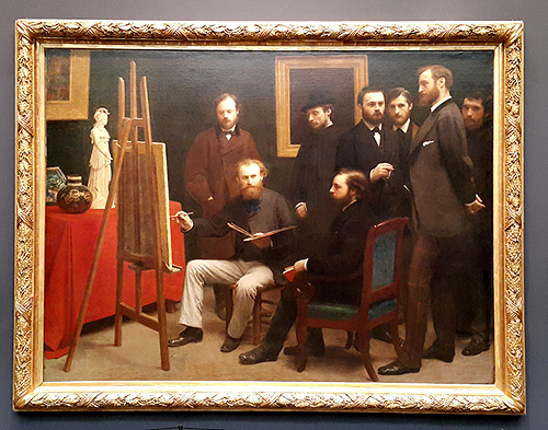 <바티뇰의 스튜디오>, 앙리 팡탱 라투르, 1870년, 오르세 미술관.
가운데 작업 중인 화가 마네, 그를 둘러싼 르누아르, 에밀 졸라, 바지유 등이 보인다. 