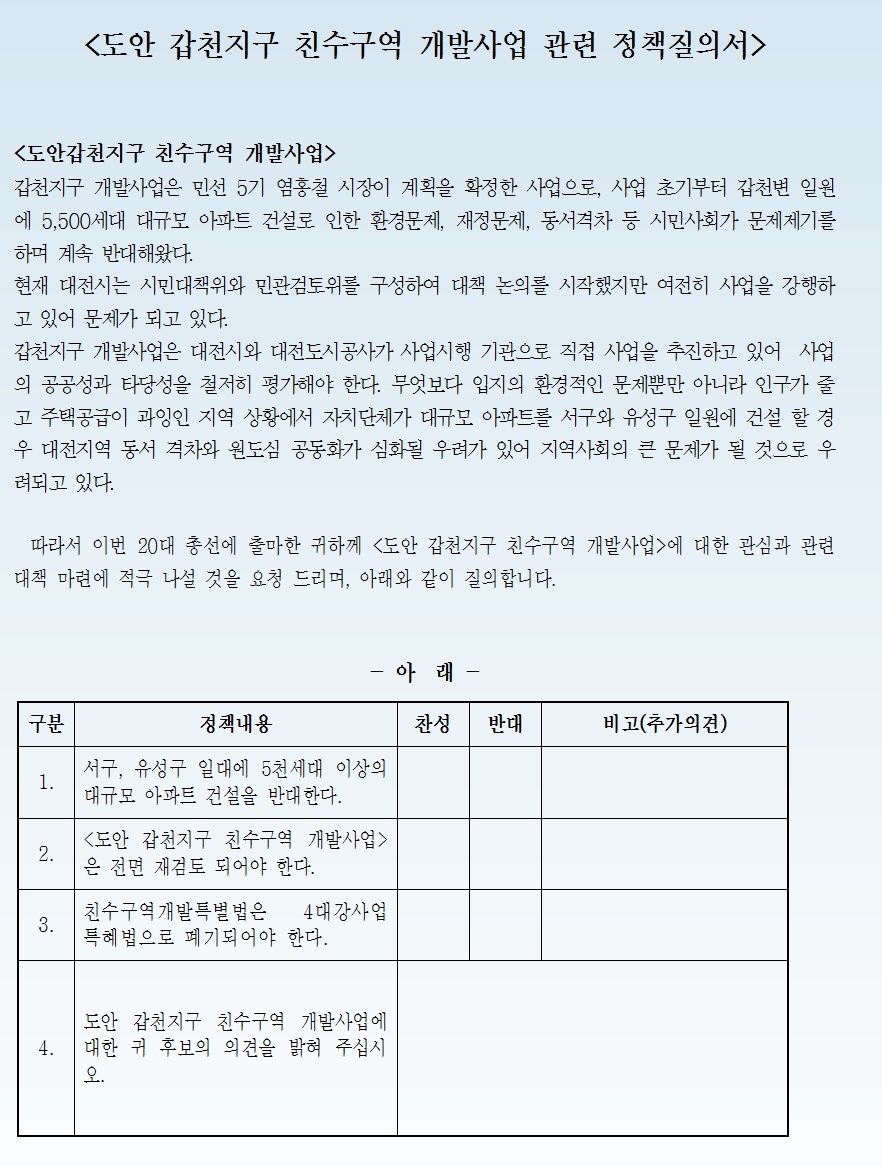 대전광역시를 지역구로 하는 총선 후보자들에게 다음과 같은 정책질의서를 보냈다.