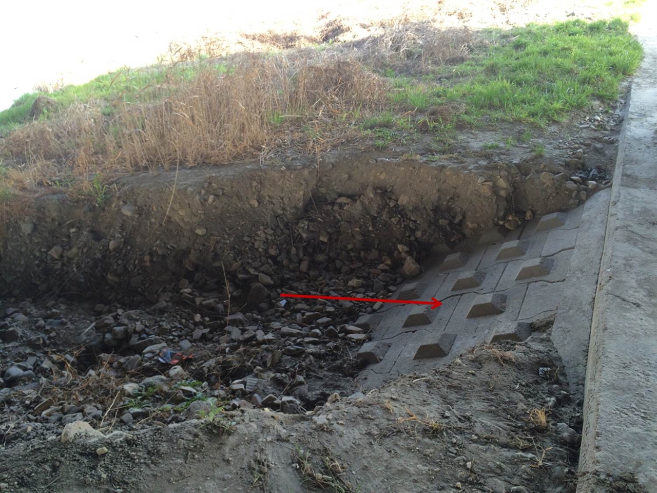 흙으로 덮었던 은제가 노출되어 호안콘크리트 블럭이 보인다. 은제 위에는 풀들이 자라고 있는 것을 볼 수 있다. 