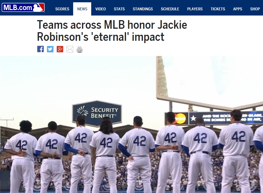  지난해 4월 15일 LA 다저스의 '재키 로빈슨 데이'를 소개하는 메이저리그 공식 홈페이지 갈무리.