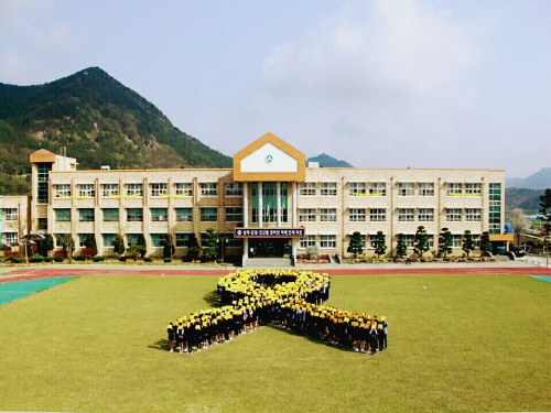 순창고등학교 학생 400여명이 카드섹션으로 세월호 참사를 애도하는 대형 노란리본을 만들었다. <전북교육청 제공>