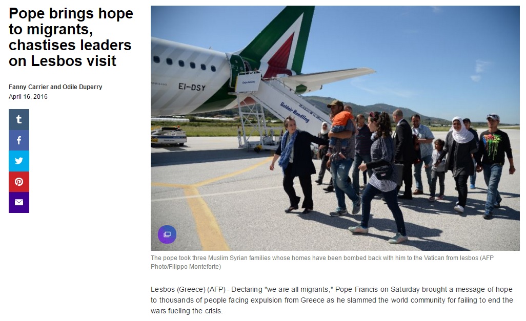 프란치스코 교황의 그리스 레스보스 섬 난민 캠프 방문을 보도하는 AFP통신 갈무리. 이곳 난민 12명이 교황과 함께 바티칸으로 향하고 있다.