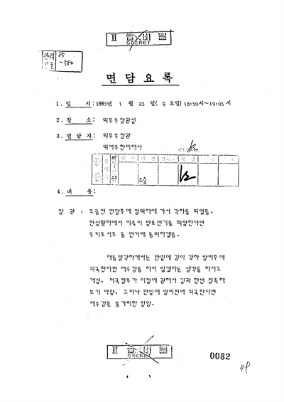 외교부가 지난 17일 공개한 1985년 김대중 전 대통령의 귀국 관련 한미의 막후협의 외교문서.