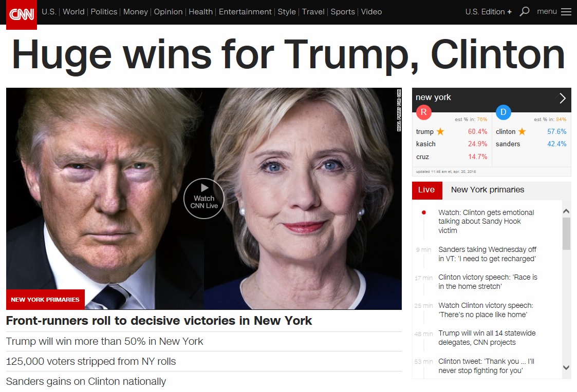 미국 민주당과 공화당의 뉴욕 주 경선 결과를 보도하는 CNN 뉴스 갈무리.
