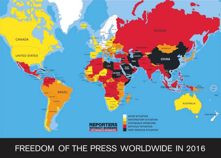 국경없는기자회(RSF)가 발표한 2016년 세계 언론자유 지도