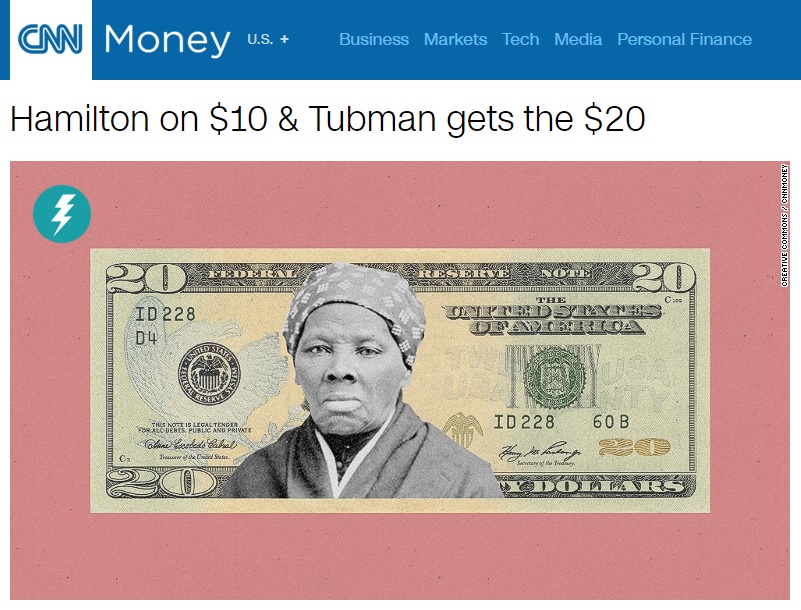 미국 20달러 지폐 모델로 흑인 인권운동가 해리엇 터브먼이 결정된 것을 보도하는 CNN 뉴스 갈무리.