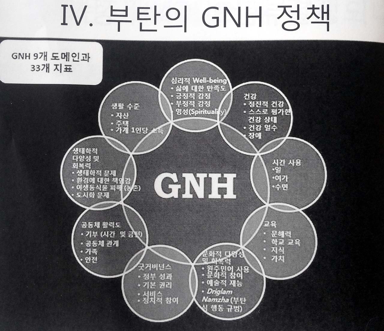 GNH의 9개 도메인과 33개 지표<박진도 이사장 강의자료>