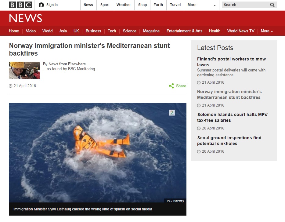 노르웨이 실비 리스타우그 이민부 장관의 '난민 체험'을 보도하는 BBC 뉴스 갈무리. 