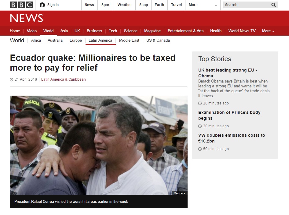 에콰도르 정부의 지진 피해 복구를 위한 부자 증세를 보도하는 BBC 뉴스 갈무리.