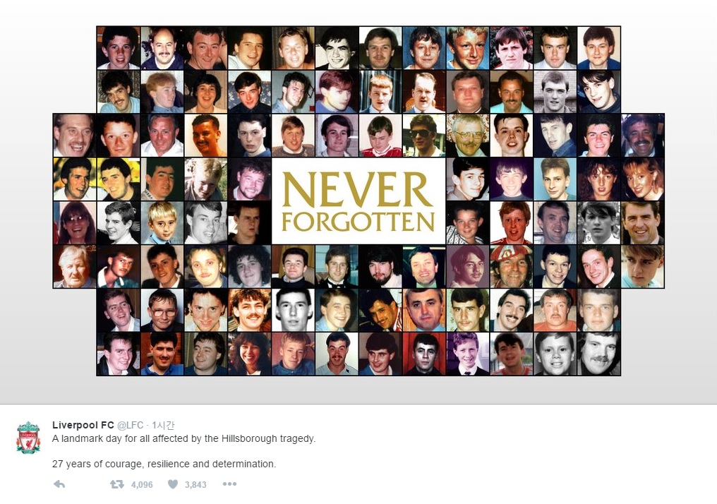 힐즈버러 참사 진상 규명 평결을 알리며 희생자 96명을 추모하는 리버풀 공식 트위터 갈무리.
