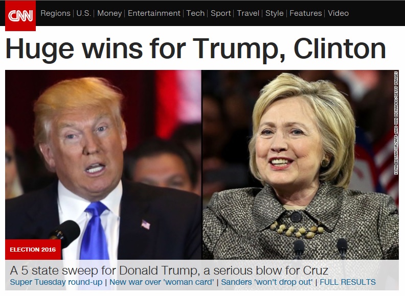 미국 대선후보 경선에서 힐러리 클린턴 전 국무장관과 도널드 트럼프의 대승을 보도하는 CNN 뉴스 갈무리.