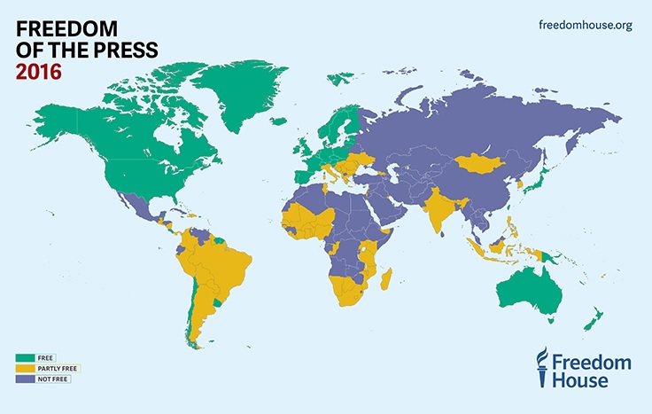 프리덤하우스가 발표한 2016년 세계 언론자유 지도에서 한국은 '부분적 언론 자유국'(노란색)으로 분류됐다.