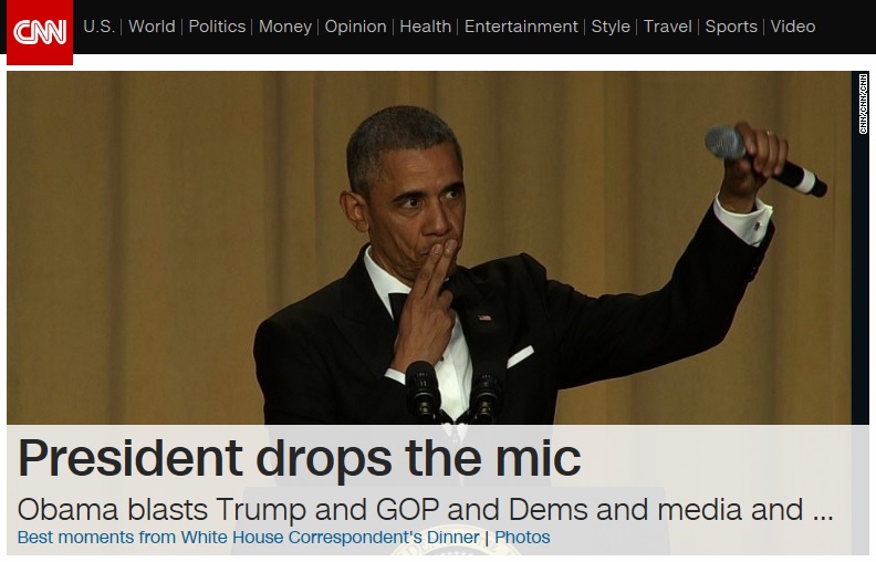 버락 오바마 대통령의 임기 마지막 백악관 출입기자단 만찬 연설을 보도하는 CNN 뉴스 갈무리.